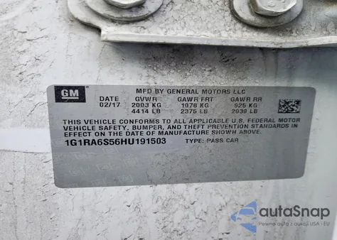 2017 Chevrolet Volt Lt из США, поврежденный, VIN 1G1RA6S56HU191503